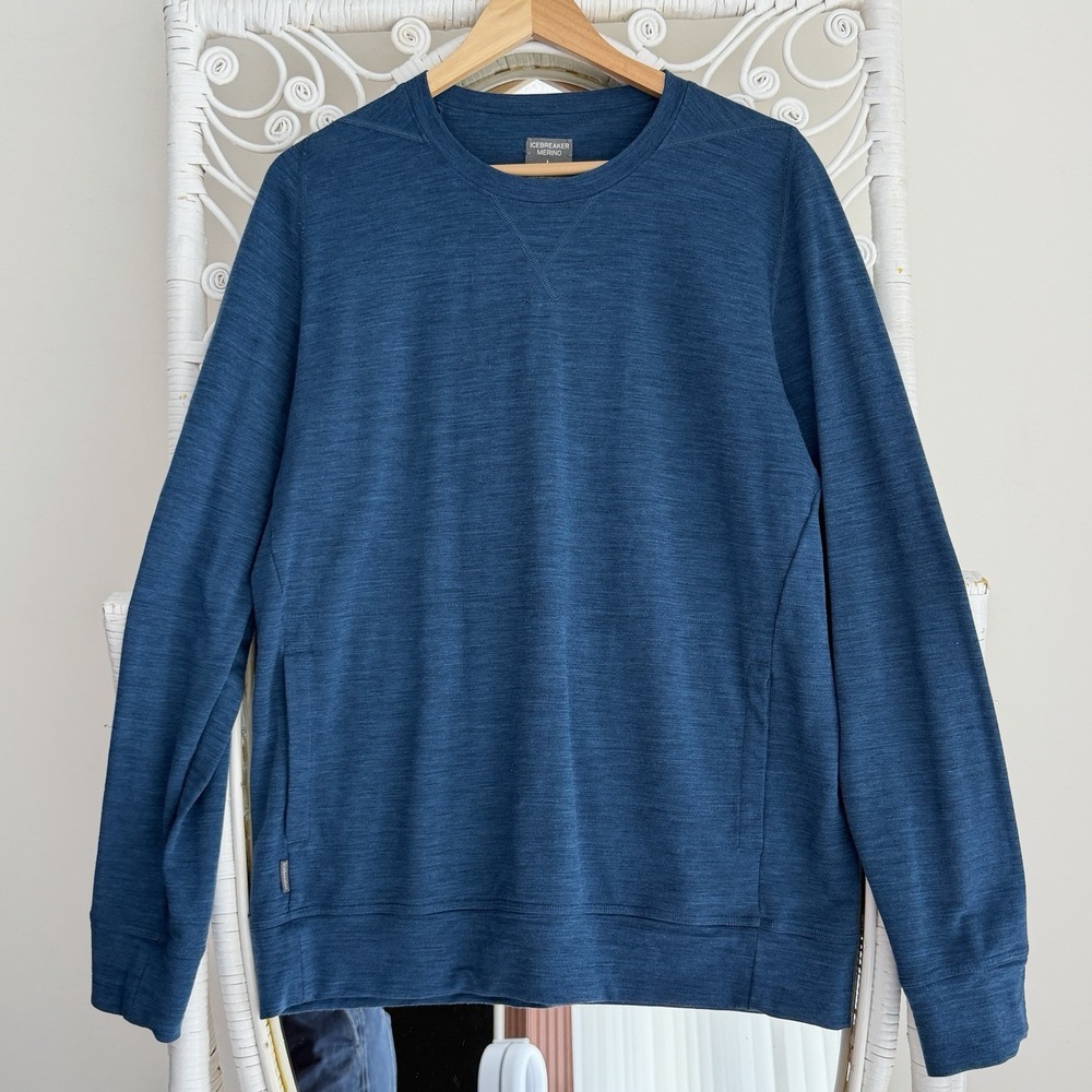 Icebreaker Sweater Mens Large Blue Merino Wool Knit Crewneck Pockets Sweatshirt